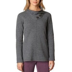 Prana Sweater Womens M‎ Grey Wool Blend Cowl Neck Asymmetrical Button Pullover